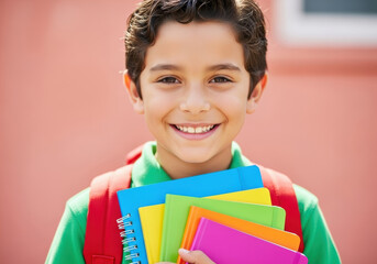 Smiling elementary school boy with backpack holding colorful notebooks standing outdoors against soft pink wall, cheerful young student ready for class and excited about learning