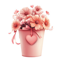 Adorable Flower Bucket with Heart Tag and Ribbon Soft Style Clipart PNG, Transparent Background	