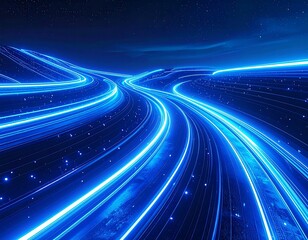 Glowing blue light trails across a cosmic night landscape, starry sky