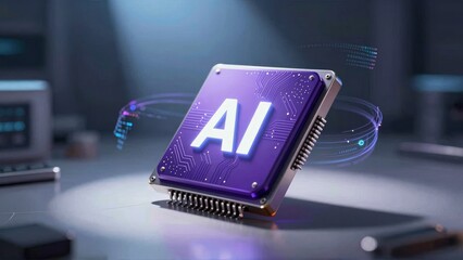 AI chip with glowing circuitry in tech environment