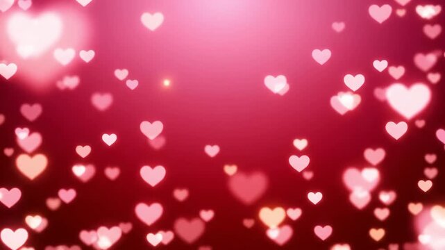Abstract red background with glowing heart shapes and bokeh effect, perfect for romantic themes and celebrations.
