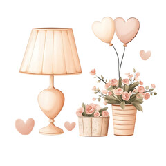 Cozy Valentine Nightstand with LOVE Lamp and Floral Decor &ndash; Clipart PNG, Transparent Background	
