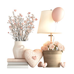 Romantic Bedside Setup with Heart Lamp and Flower Bucket &ndash; Kawaii Valentine Design clipart PNG, Transparent Background	