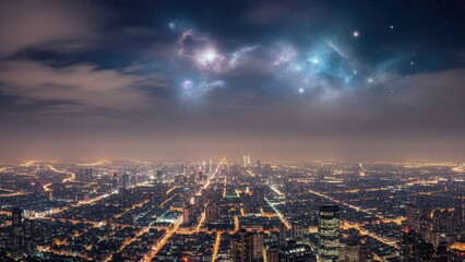 Obraz premium City lights illuminated under a starry night sky