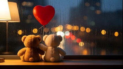 Cozy teddy bears on a windowsill gaze at a rainy city night, illuminated by a lamp, with a heart balloon symbolizing their sweet, romantic connection.