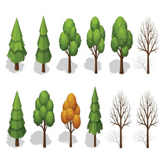 Collection of isometric trees in various types and seasons on a white background green