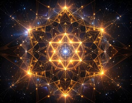 Glowing geometric pattern against a dark, starry background