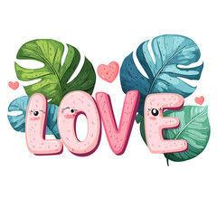 Cute Kawaii LOVE Text Made of Chubby Leaves &ndash; Valentine Clipart PNG, Transparent Background	