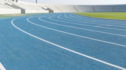 Empty blue running track with curved lanes inside a modern outdoor athletics stadium on a sunny day