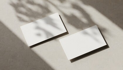 Two blank white business cards casting shadows.