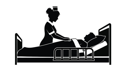 Silhouette icon depicts a dedicated nurse providing compassionate care to a patient resting in a hospital bed illustrating medical support and recovery assistance for wellness concepts