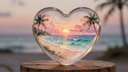 Heart-shaped glass beach sunset scene