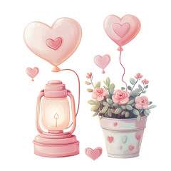 Cute Valentine Decor with Glowing Love Lamp and Floral Bucket clipart  PNG, Transparent Background	