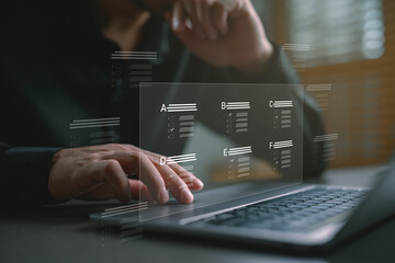 Businessman taking online quiz on laptop with multiple choice options interface, representing digital learning, e-learning assessment, online survey, testing system, and virtual education tools.