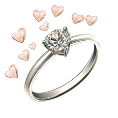 Elegant Diamond Ring with Small Floating Hearts &ndash; Cute Love Clipart PNG, Transparent Background	