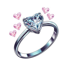Cute Diamond Ring Surrounded by Floating Heart Elements Clipart PNG, Transparent Background	