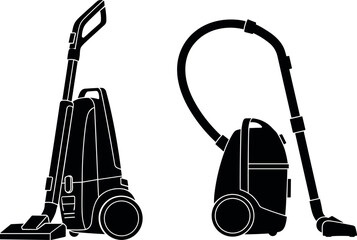 Vacuum cleaner silhouette set showing upright and canister models, household cleaning appliances, home hygiene equipment illustration isolated on white background © Yeasin