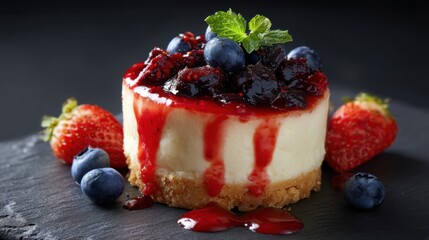 Decadent new york cheesecake with mixed berry topping on black slate.