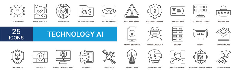 Fototapeta premium Technology AI icon set. Containing tech shield, data protect, vpn shield, file protection, eye scanning, security alert and more. Line vector icons collection.
