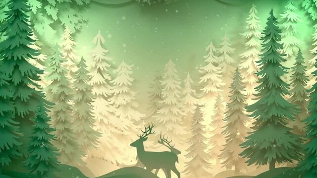 Minimalist paper cut Christmas forest with snowy pine trees and deer on light green background motion graphic for festive holiday greeting card and seasonal announcement template