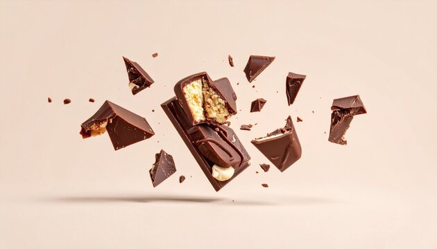Delectable chocolate bar shattering mid-air, revealing a rich, creamy nougat and crunchy nuts
