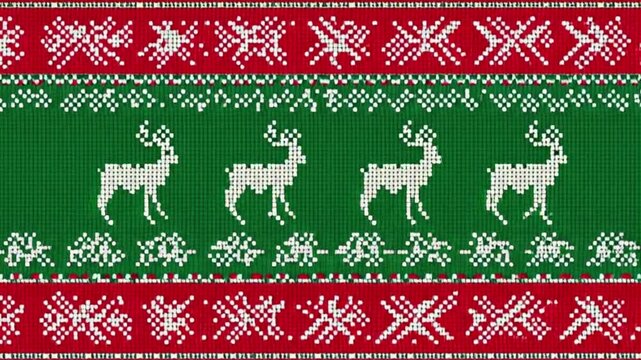 Traditional knitted Christmas pattern with white reindeer and snowflakes on green background seamless loop motion graphic for festive holiday celebration and winter decor