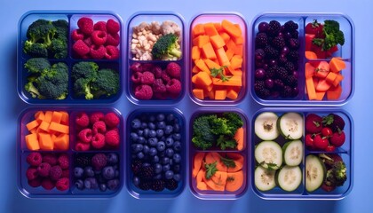 Recipientes con frutas y verduras frescas organizadas en porciones para comida saludable semanal