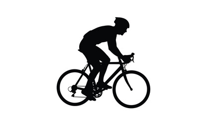 Obraz premium Silhouette graphic of a focused cyclist wearing a helmet and athletic gear riding a racing bicycle in an aggressive, aerodynamic posture isolated on white
