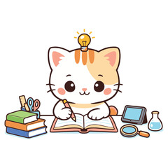 A cute and adorable cartoon cat studying at a desk with books, stationery, and a glowing lightbulb symbolizing ideas and learning. This charming illustration represents education, creativity, intellig