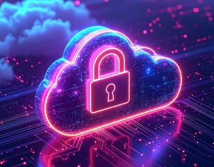 Glowing cloud with padlock representing digital data security