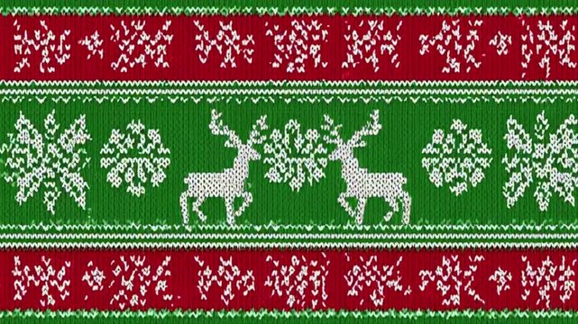 Green Christmas knitted sweater texture with reindeer and snowflake ornaments seamless loop motion graphic for winter holiday celebration and festive seasonal backdrop
