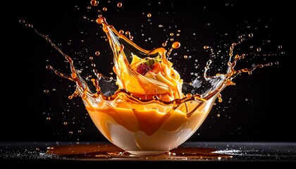 Vibrant Orange Liquid Splashing Dynamically from a Bowl, Capturing Refreshing Energy and Sweetness
