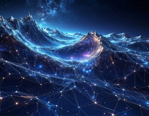 Digital cosmic ocean landscape, stars shimmer above polygonal waves