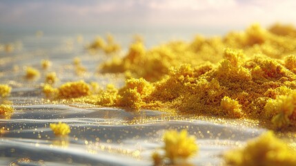 Close-Up of Vibrant Yellow Textured Landscape on Water Surface with Sparkling Light Effects