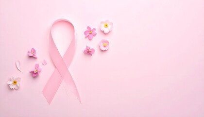 Fototapeta premium Lazo rosa de concienciación sobre fondo rosa pastel con flores pequeñas y composición minimalista