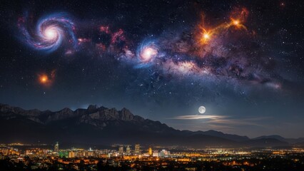 Cosmic night sky above city and mountain range