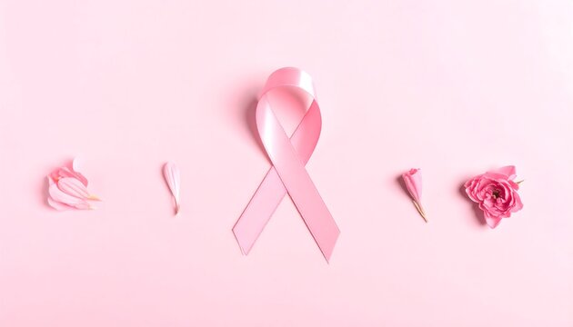 Lazo rosa de concienciaci&oacute;n sobre fondo pastel con p&eacute;talos y flores en composici&oacute;n minimalista