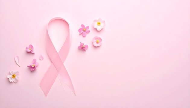 Lazo rosa de concienciaci&oacute;n sobre fondo rosa pastel con flores peque&ntilde;as y composici&oacute;n minimalista
