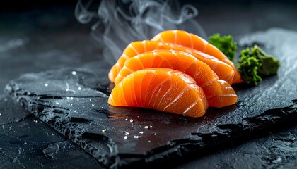 Filete de salmón fresco sobre pizarra oscura con vapor caliente y presentación gourmet minimalista