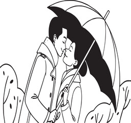  Happy valentime day Couple Sharing Romantic Kiss Under Umbrella Surrounded by Trees in Black and White Line Art