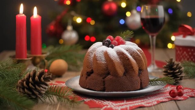 Traditional Christmas pudding on festive table.
