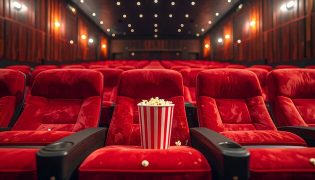 Butacas rojas de cine con cubo de palomitas en sala vac&iacute;a y ambiente cinematogr&aacute;fico moderno