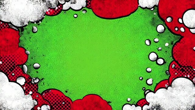 Retro comic book style Christmas background with green halftone patterns and white frame motion graphic for festive holiday celebration and winter seasonal pop art design