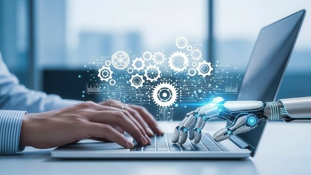 Robotic Process Automation RPA concept, hands typing on laptop with gear icons, representing efficiency, workflow optimization, and eliminating repetitive tasks with tech