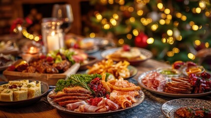 Fototapeta premium Festive holiday feast with various dishes on a table near christmas tree.