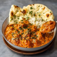 butter chicken with naan bread and rice