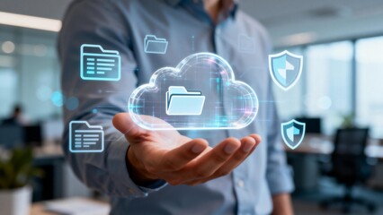 Man holding cloud technology graphic