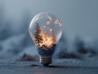 Conceptual Light Bulb with Snowy Forest Landscape Inside, Glowing Warmly, Symbolizing Ideas, Nature, and Innovation