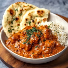 butter chicken with naan bread and rice