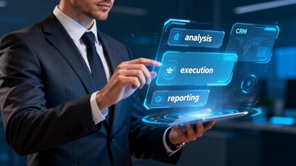 Businessman interacting with holographic interface